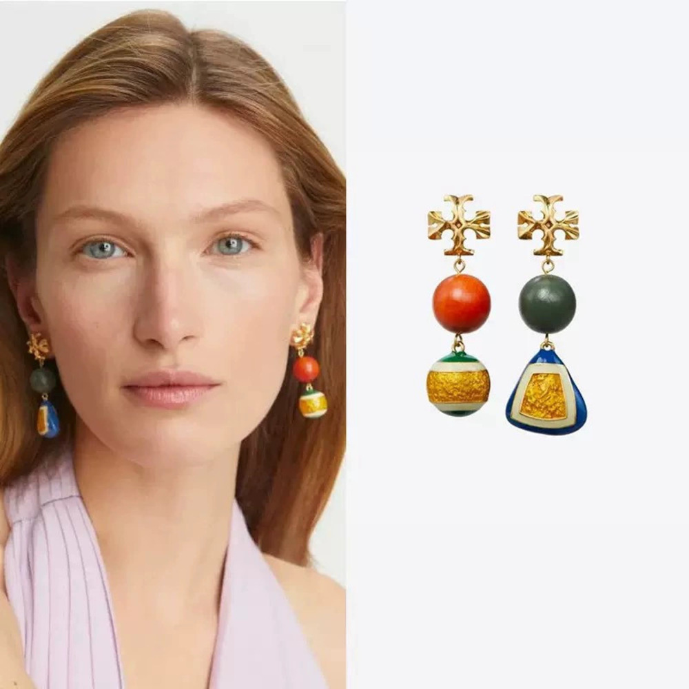 Tory Burch Vintage Gold Plated Enamel Geometric Drop Earrings Metal